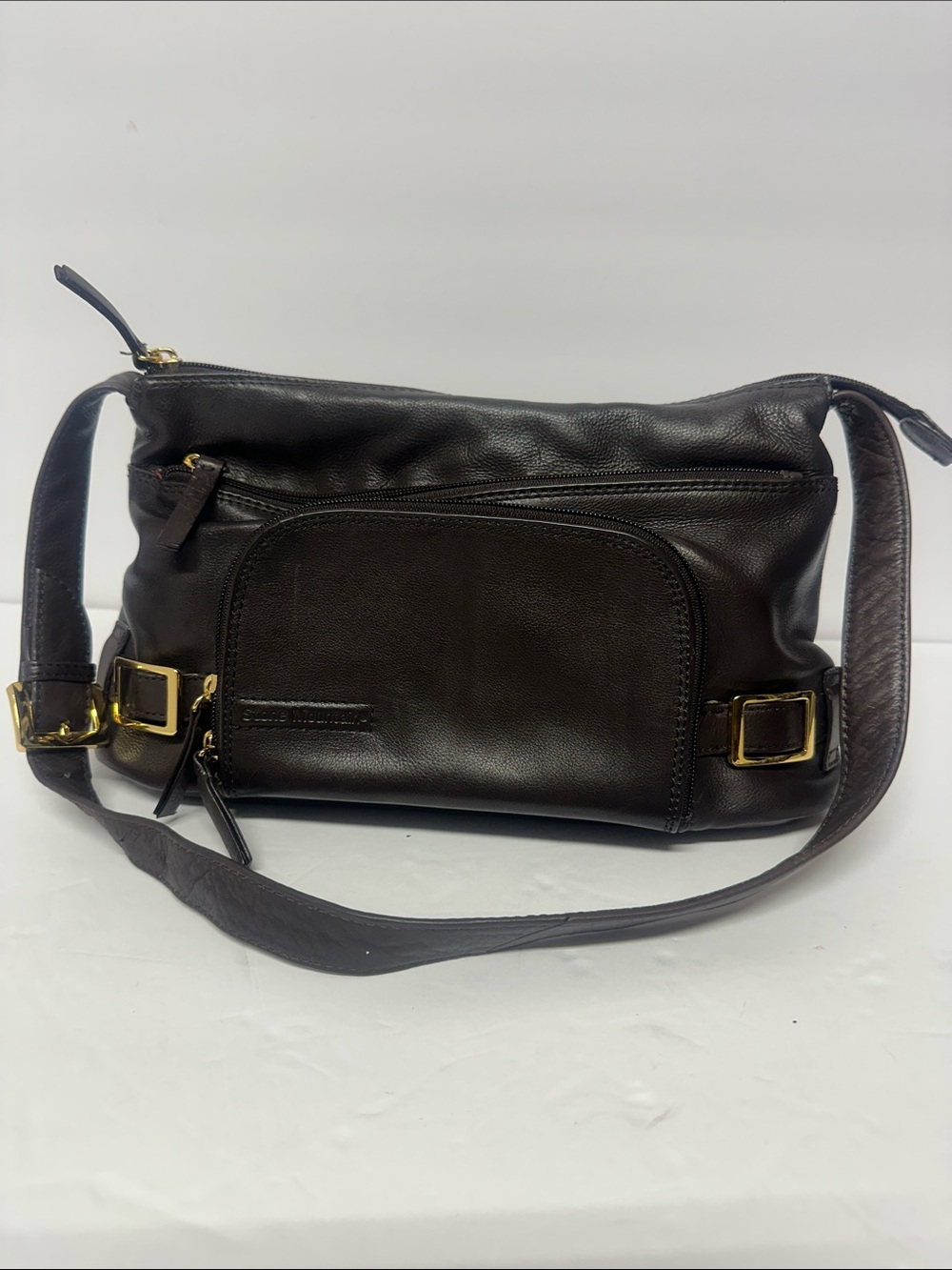 Women's Dark Brown Leather Shoulder Bag with Gold Accents